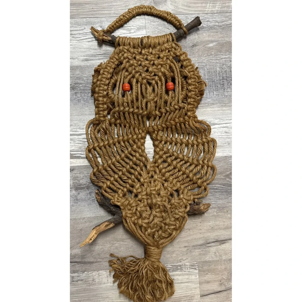 Vintage 1970's Boho Macrame Jute‎ Bead Owl Wall Hanging Decor Folk Art 33